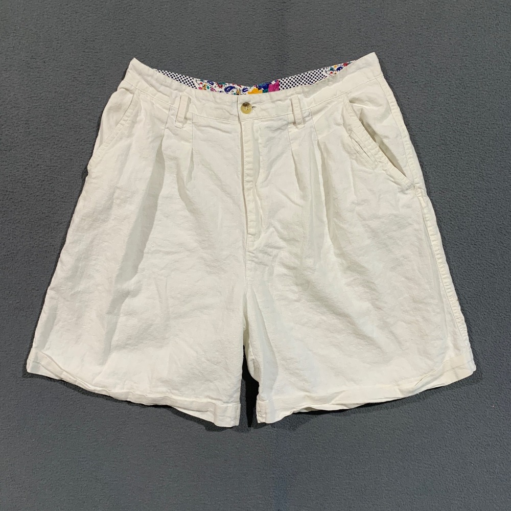 Grandmacore Pleated Long Shorts Womens 13/14 High Rise Ramie Cotton Vintage 90s